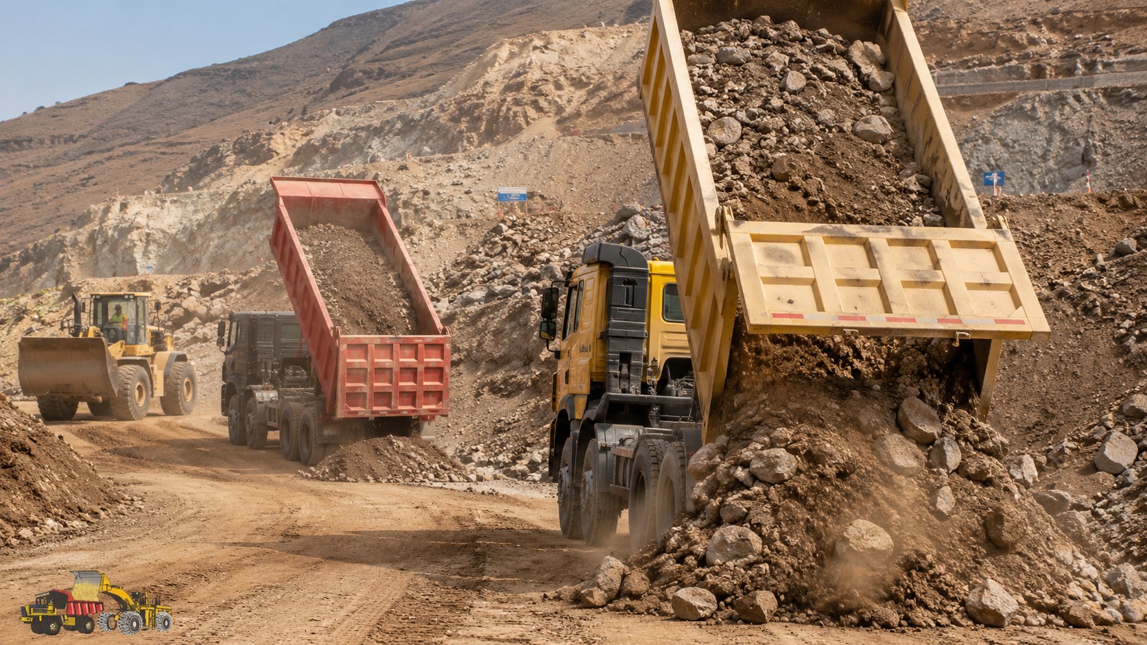 Volquetes descargando material excedente limpio